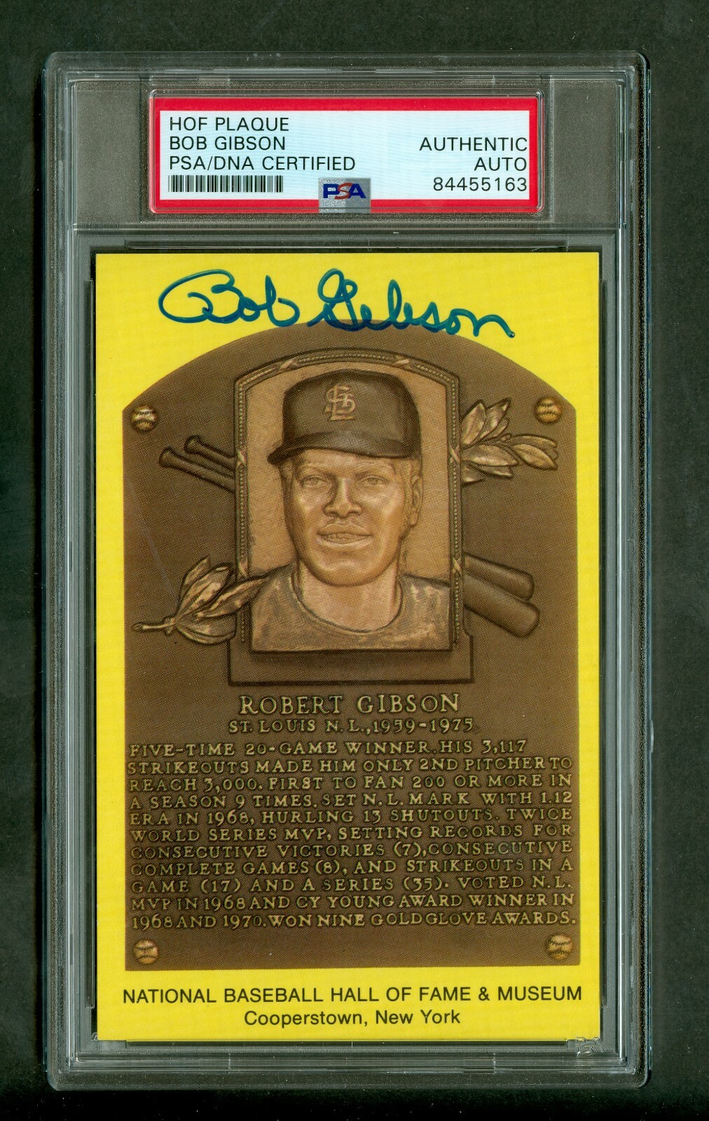Bob Gibson Autographed Yellow Hall of Fame Plaque Postcard PSA/DNA