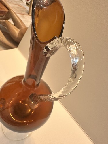 Vintage Italian Art Glass 14” Amber Pitcher w/Handle & Twisted Topper - Picture 9 of 10
