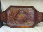 Antique Wooden Bone Inlay Decorative Serving Tray w/ chariot center and glass