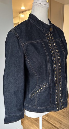 Lark Lane Denim Flip Cuff Studded Geometric Jean Jacket Coat Classic 90’s Sz 10 - Picture 4 of 16