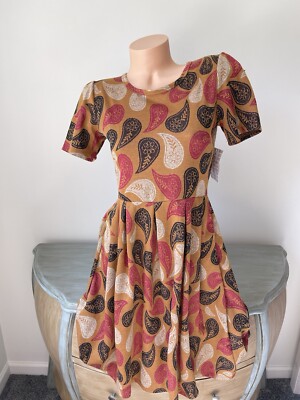 Lularoe Amelia Dress Fall Brown M swing pockets HTF Paisley Floral Leaf Pleated