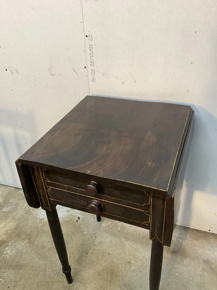 Antique Paint Decorated Sheraton Work Table Night Stand 2 Drawer Primitive Folk - Image 2 of 4