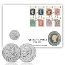 Estampillas de la Reina Victoria £5 BU cubierta de moneda de Royal Mail y Royal Mint