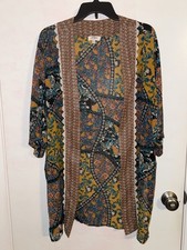 Umgee USA Boho Floral Paisley Kimono Wrap Cardigan Brown Teal S/M Small Medium