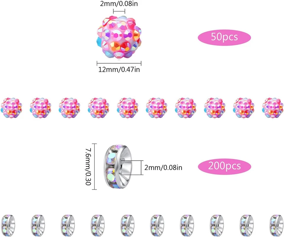 250 шт. 12 мм цветные бусины со стразами и 8 мм бусины-разделители Rondelle для бисера - Изображение 4 из 4