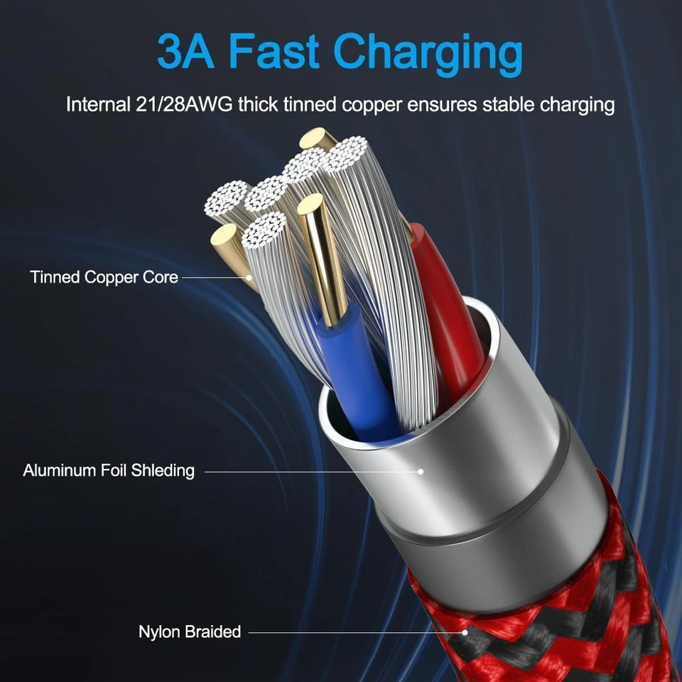 3-Pack 6FT Micro USB Cable Android Charger Cord,Long Braided Fast Micro-USB C... - Image 4 of 4