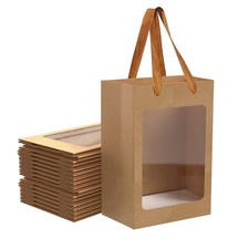 12 Pcs Brown Paper Gift Bags with Transparent Window, 9.84"x7.0"x5.12" Kraft ...