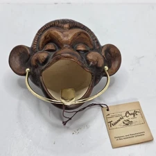 Vintage Treasure Craft Hawaii Monkey Tiki  Ashtray w/ Brass Bar & Tag Maui