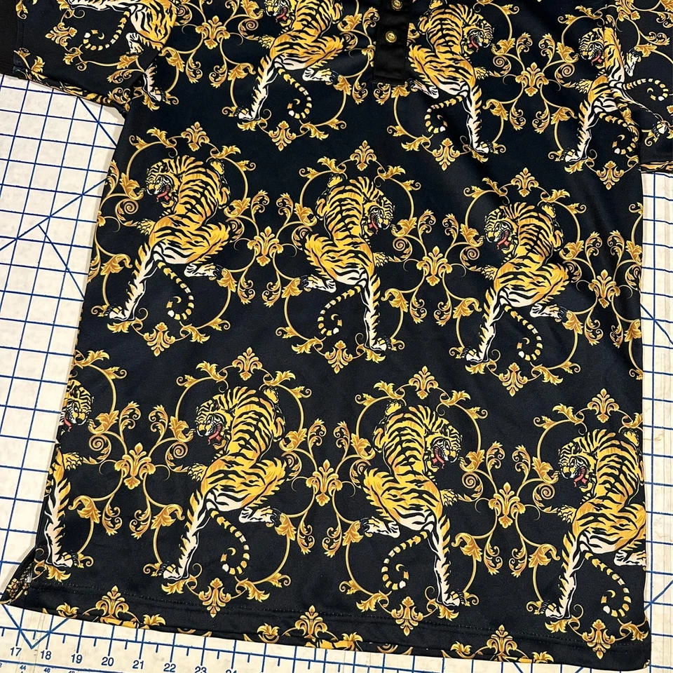 Gold Black Tiger Polo Shirt Flashy Funny Crazy Whacky Designer Dupe Size Large - Image 2 of 4