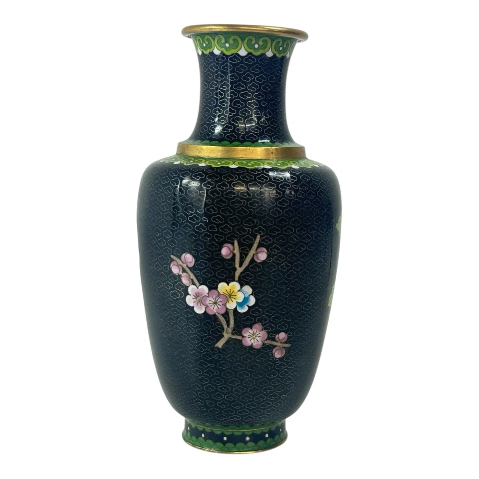 Jarrón antiguo chino cloisonné esmalte negro diseño floral peonías y adornos de latón Foto 3 de 4