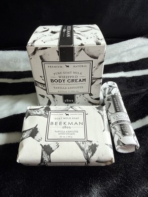 NEW Beekman 1802 Goat Milk Soap Body Cream Lip Balm Vanilla Absolute Lot Set 3