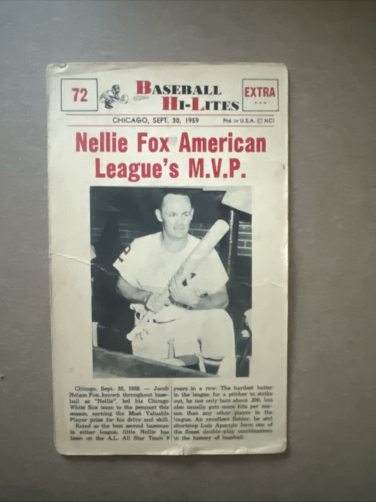 Nellie Fox #72 Baseball Cards 1960 NU Card Baseball Hi Lites trading card — raw and PSA graded price guide