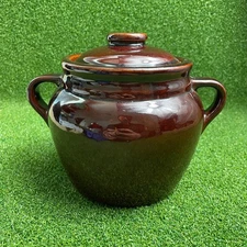 Vintage Brown Stoneware Pottery USA Bean Pot with Lid and 2 Handles