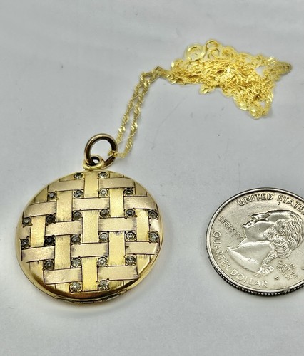 Art Nouveau Rolled Gold Basketweave Locket Paste Rhinestones Pendant Necklace - 第 4/14 張圖片