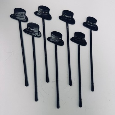 Vintage Kesslers Blended Whiskey Swizzle Sticks Top Hat Smooth As Silk Black 7pc