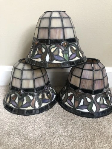 3 Vintage Turtleback Tiffany Style Stained Glass Slag Glass Lamp Shade Art Deco