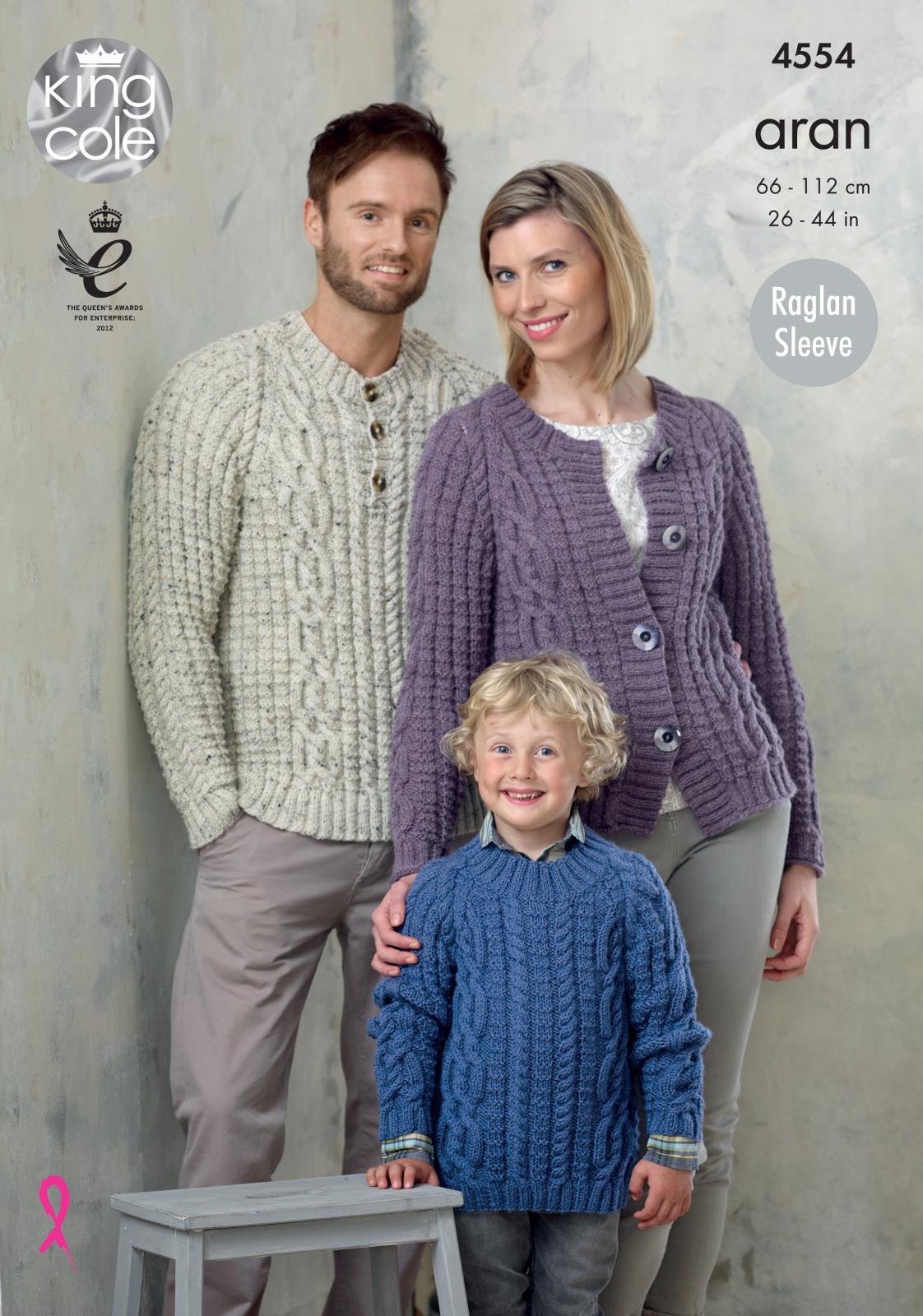 King Cole 4554 Knitting Pattern Family Cable Raglan Sweater & Cardigan in Aran