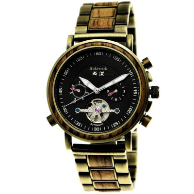 Holzwerk DAHLEN Herren Edelstahl & Holz Automatik Datum Uhr in alt gold, schwarz