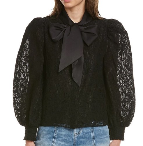 Alice + Olivia schwarz Brently Spitze Tieneck Langarmshirt mit Schleife neu mit Etikett $ 440 - Bild 1 von 8