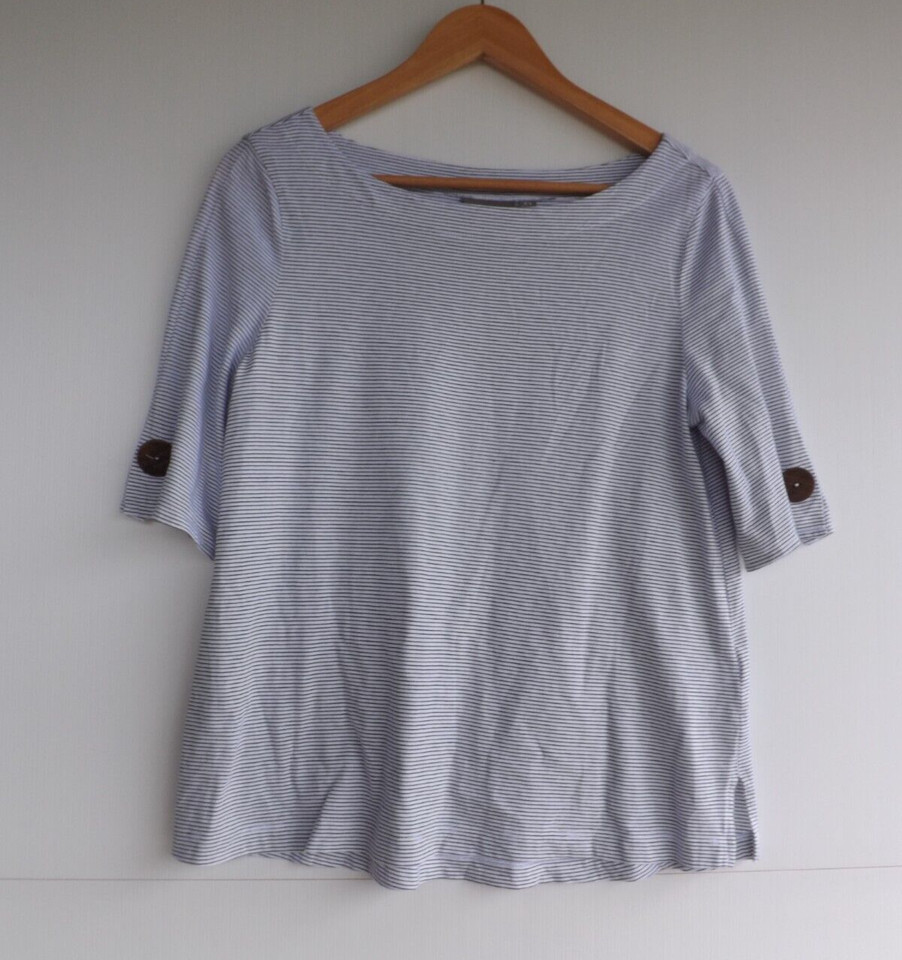 Sussan Top XS Womens White Black Stripe Pullover T Shirt Tee Short Sleeve Button