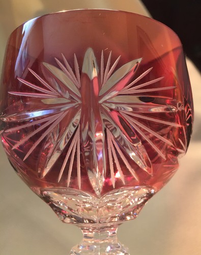 Bohemian Czech Hand Cut to Clear Crystal Wine Goblet 6 Glasses Red Amber Green* - Picture 8 of 12