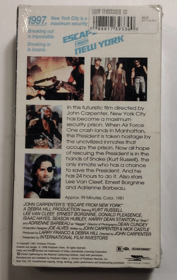 Escape From New York VHS Video Tape FACTORY SEALED Polygram Watermark rare - Image 2 of 4