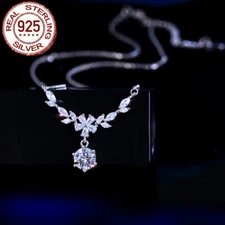 Stunning Cubic Zirconia Leaf Flower Round Pendant Necklace 925 Sterling Silver 