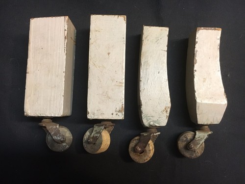 Set of 4 Antique Furniture Steel Casters Wood Wheels Hardware Rollers Wooden Vtg