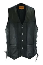 Men's Black Leather Vest Motorcycle Concealed Pocket Side Laces Custom Waistcoat