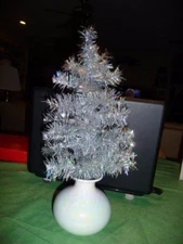 New 18" Silver Tinsel Mini Tree in ceramic vase