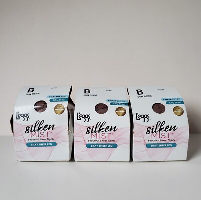3 L'eggs Silken Mist Size B Control Top Silky Sheer Leg Pantyhose Sun Beige *