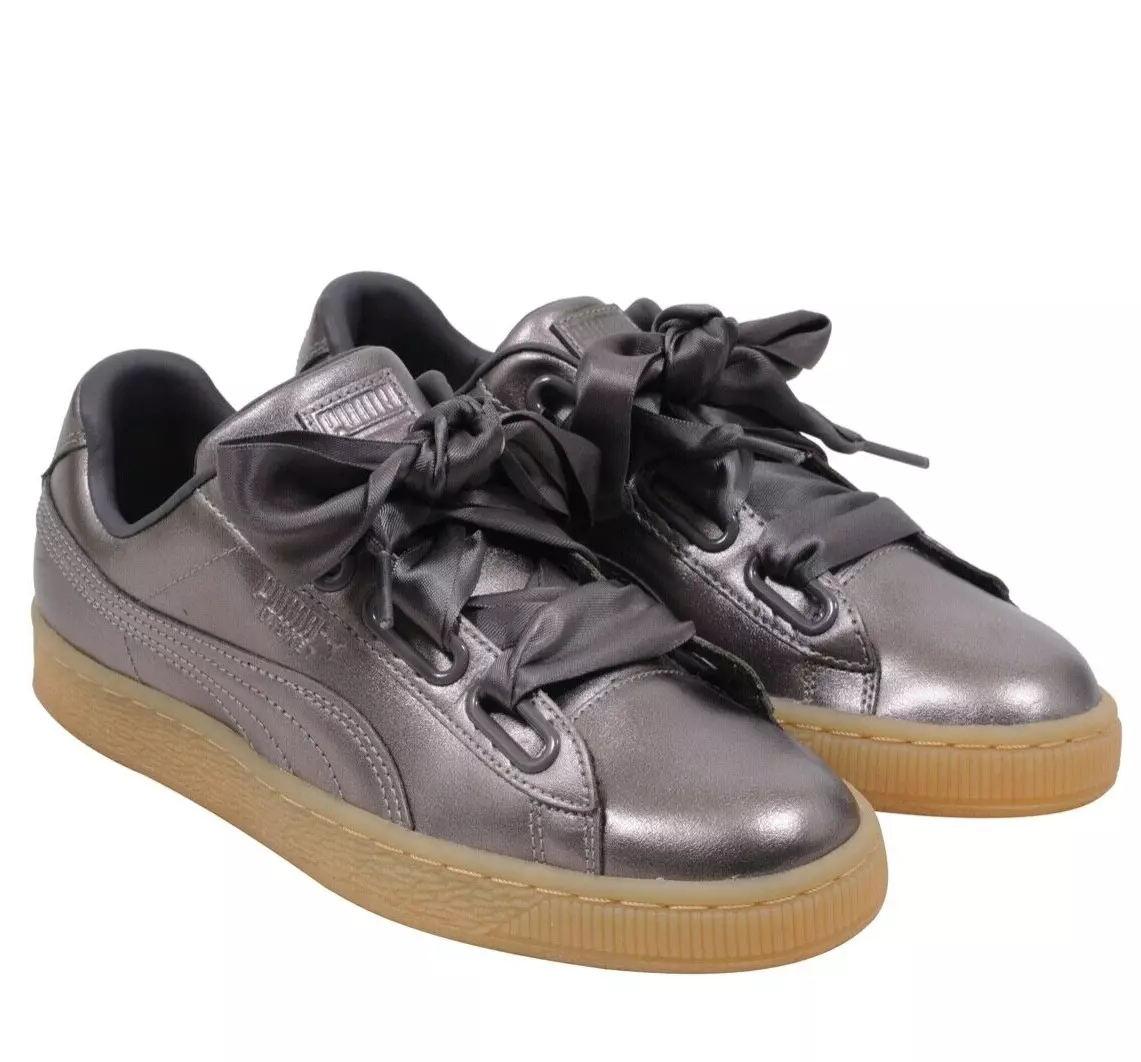 Puma Womens Basket Heart Luxe Sneakers US6.5 Silver Leather Gum Sole Fat Laces