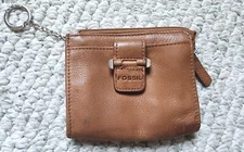 Fossil Keychain ID Holder Tan Brown Leather Mini Wallet Zip Pouch