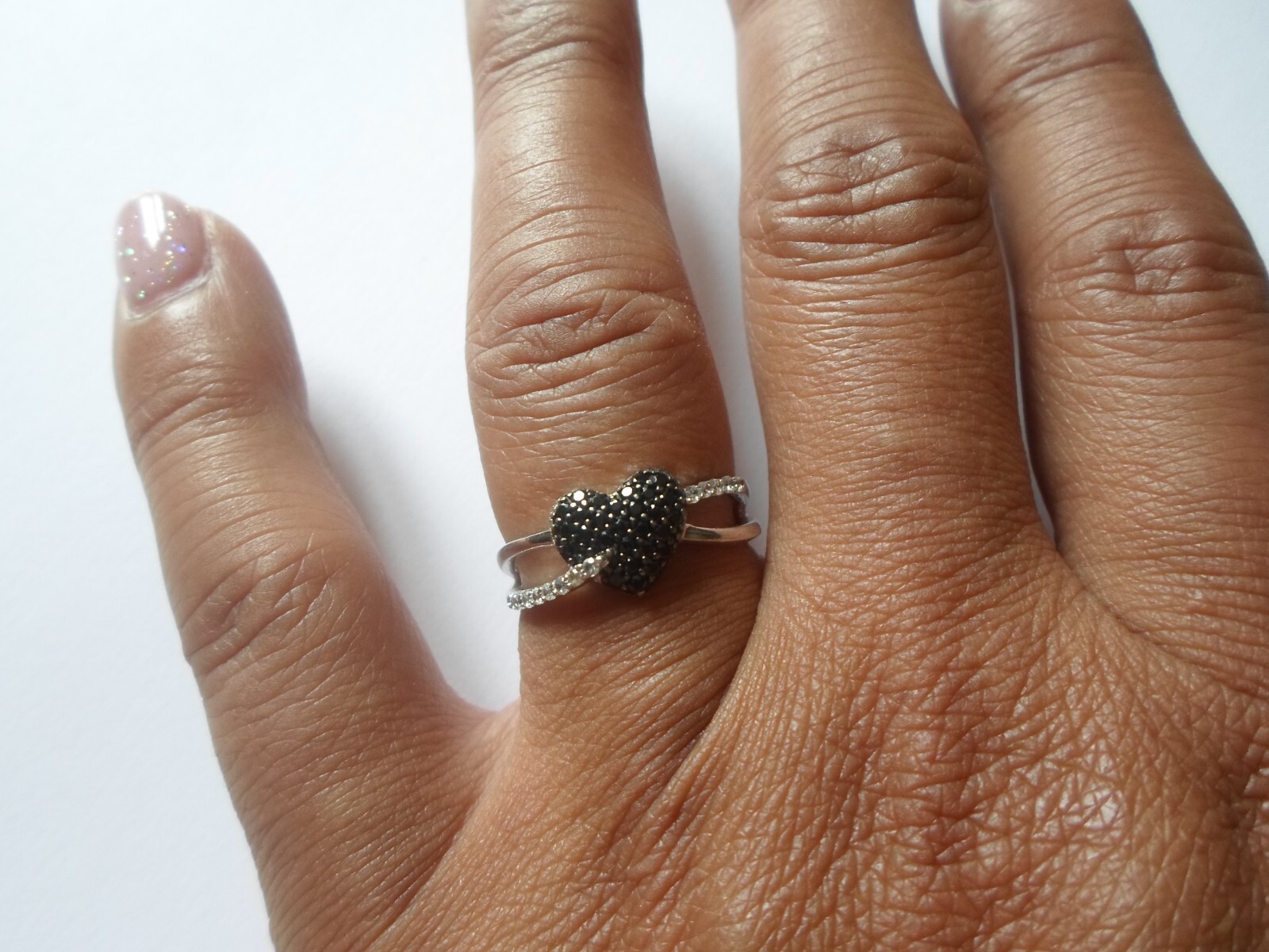 solid silver ring, cross, heart, black and white … - image 1