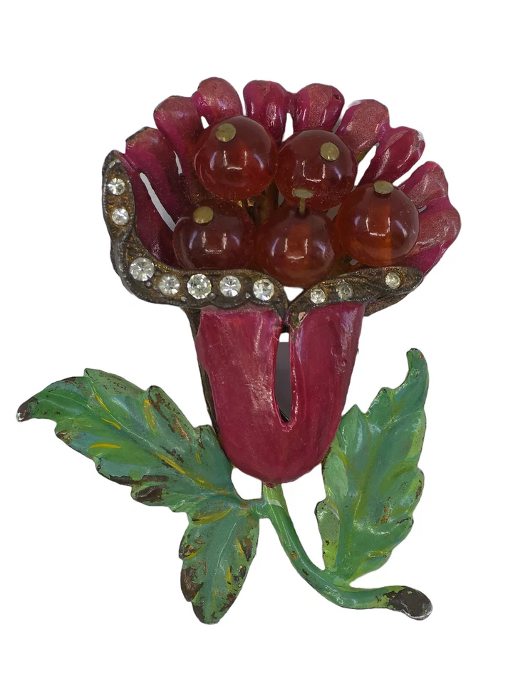 DE COLECCIÓN MACETA METAL ESMALTE - ESTRÁS Y LUCITA HECHO A MANO BROCHE GRANDE FLOR LIRIO