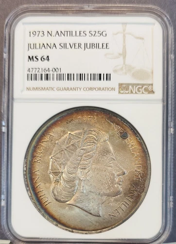 1973 NETHERLANDS ANTILLES SILVER 25 GULDEN JULIANA SILVER JUBILEE NGC MS 64
