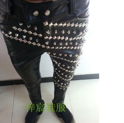 Men's Rivets Studded Leather Pants Slim 