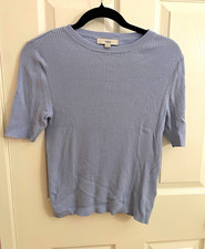 M S Women's Blue Rib-Knit Crew Neck Short Sleeve Pullover Sweater Regular M