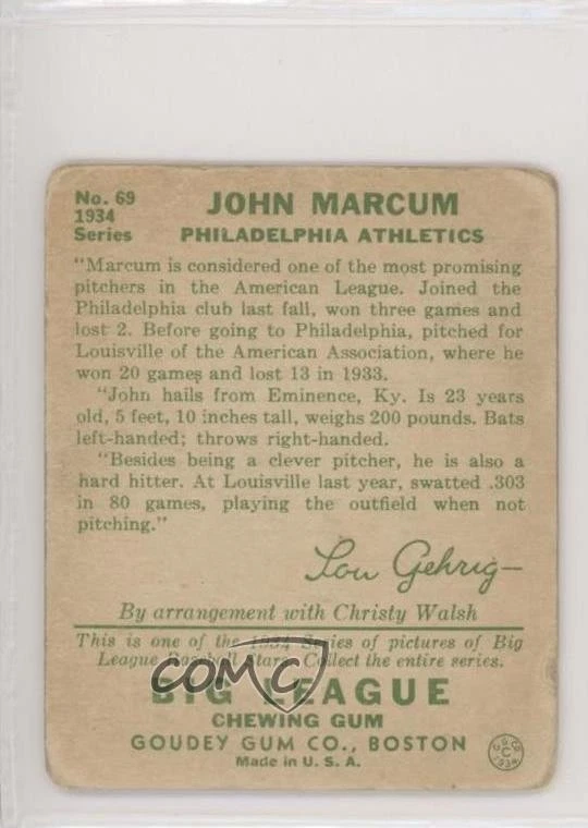 1934 Goudey Big League Chewing Gum R320 John Marcum #69 - Image 2 of 2
