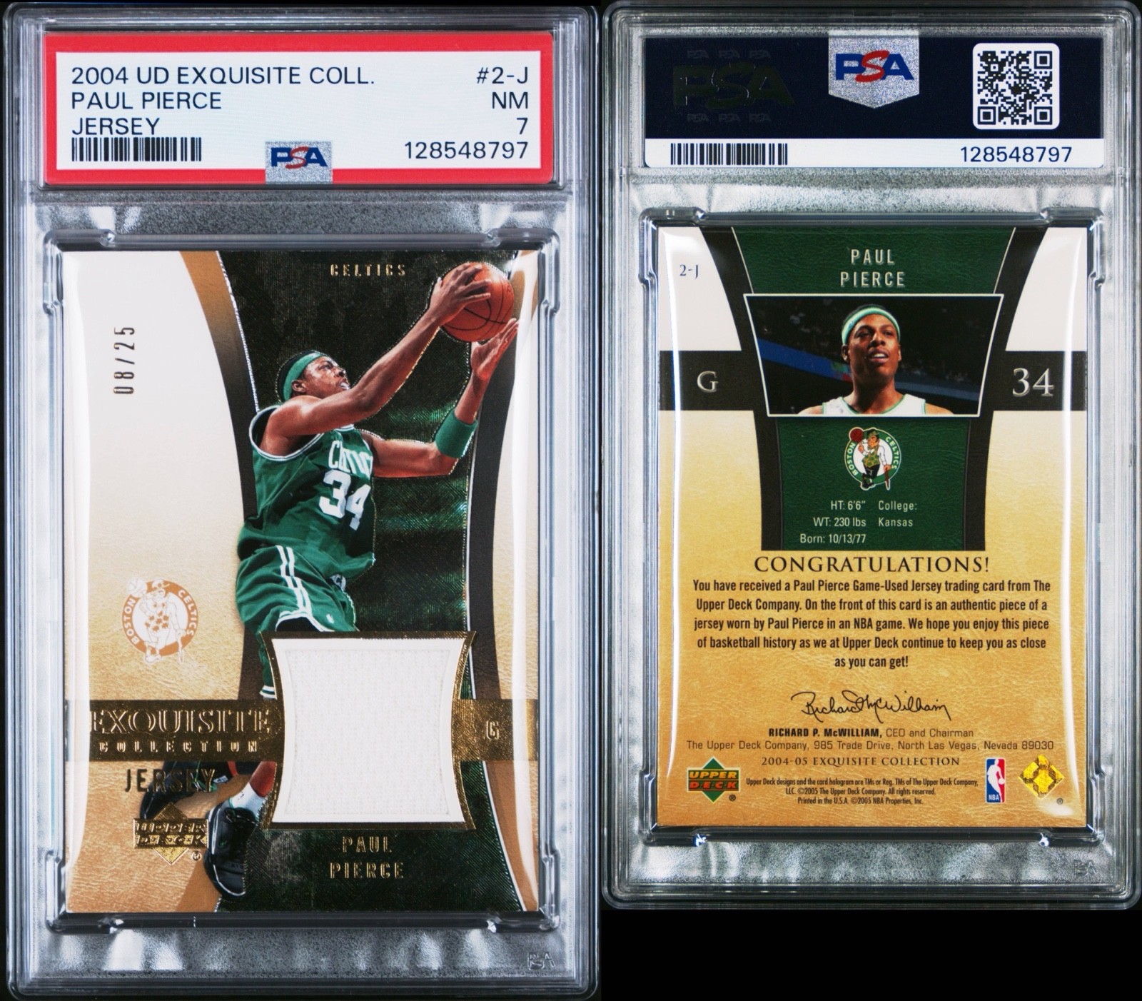 PAUL PIERCE 2004-05 UD Exquisite Collection Game-Worn Jersey Patch 08/25 PSA 7 view 3