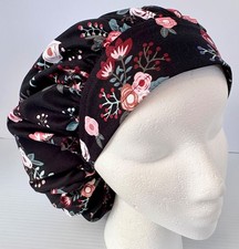Floral on Black Print Size Large Medical Bouffant Scrub Cap Surgery Hat