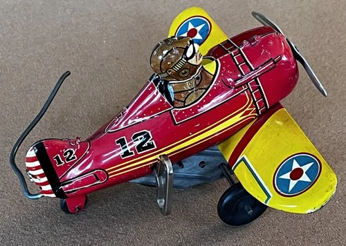 Vintage Marx Tin Windup Toy Fighter Plane Red 12 Rollover near mint working
