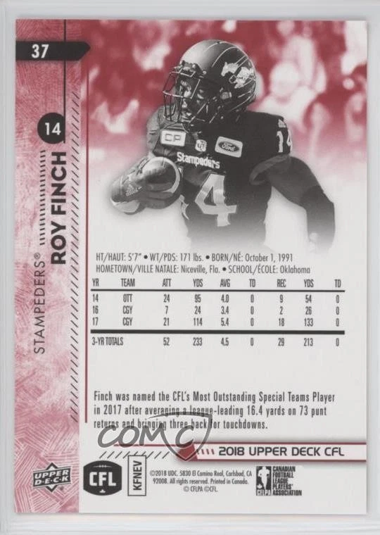 2018 Upper Deck CFL Red /150 Roy Finch #37 - Image 2 of 2