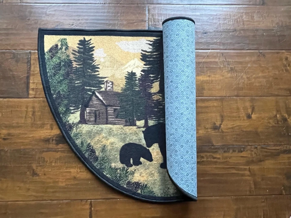 Hearth Rug for Fireplace, Bear & Cub, Non Slip Kitchen Mat, Green Black Gold ... - Image 3 of 4