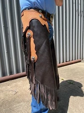Custom Made Western Chinks Suede Leather Chaps Fringes Tooled Yoke Buc