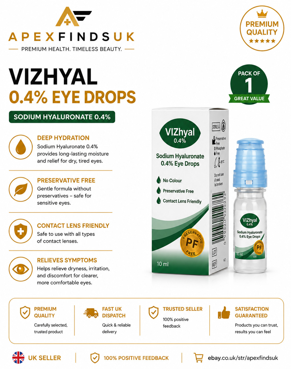 VIZhyal Cross-Linked Sodium Hyaluronate 0.4% Eye Drops for Tired/Dry Eyes 10ml - Image 3