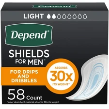 58 Count Depend Shields Incontinence Pads for Men, Light Absorbency, (Packaging