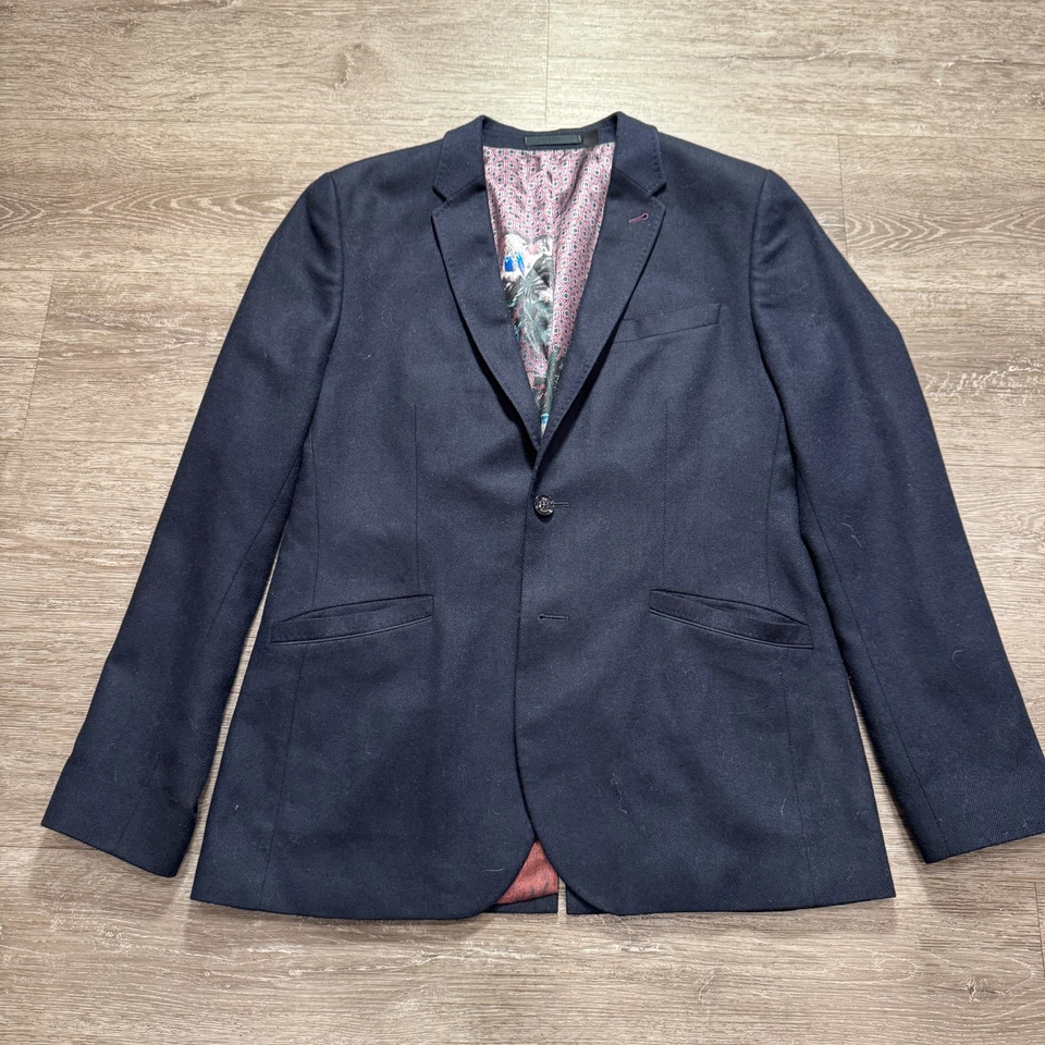 Ted Baker Sport Coat Mens 42 R Blue Herringbone Graphic Lined 4 Blazer Jacket - Image 2 of 4