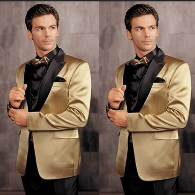Gold Satin Men's Suits Peak Lapel Formal Wedding Tuxedos Blazer Pant Slim Fit