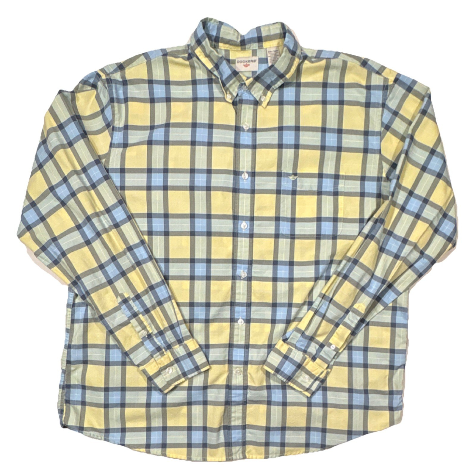 Dockers Men's XXL Plaid Long Sleeve Button-Down Shirt Yellow Blue Gray